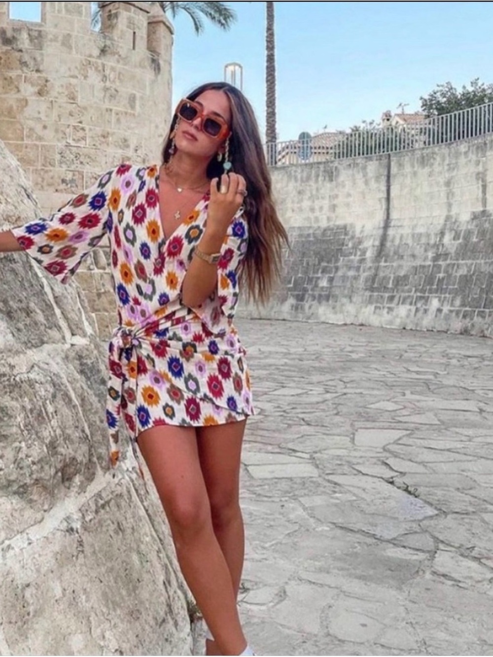 Zara Multicolor Ikat Tie-Waist Swim Coverup in White with Blue, Pink & Yellow